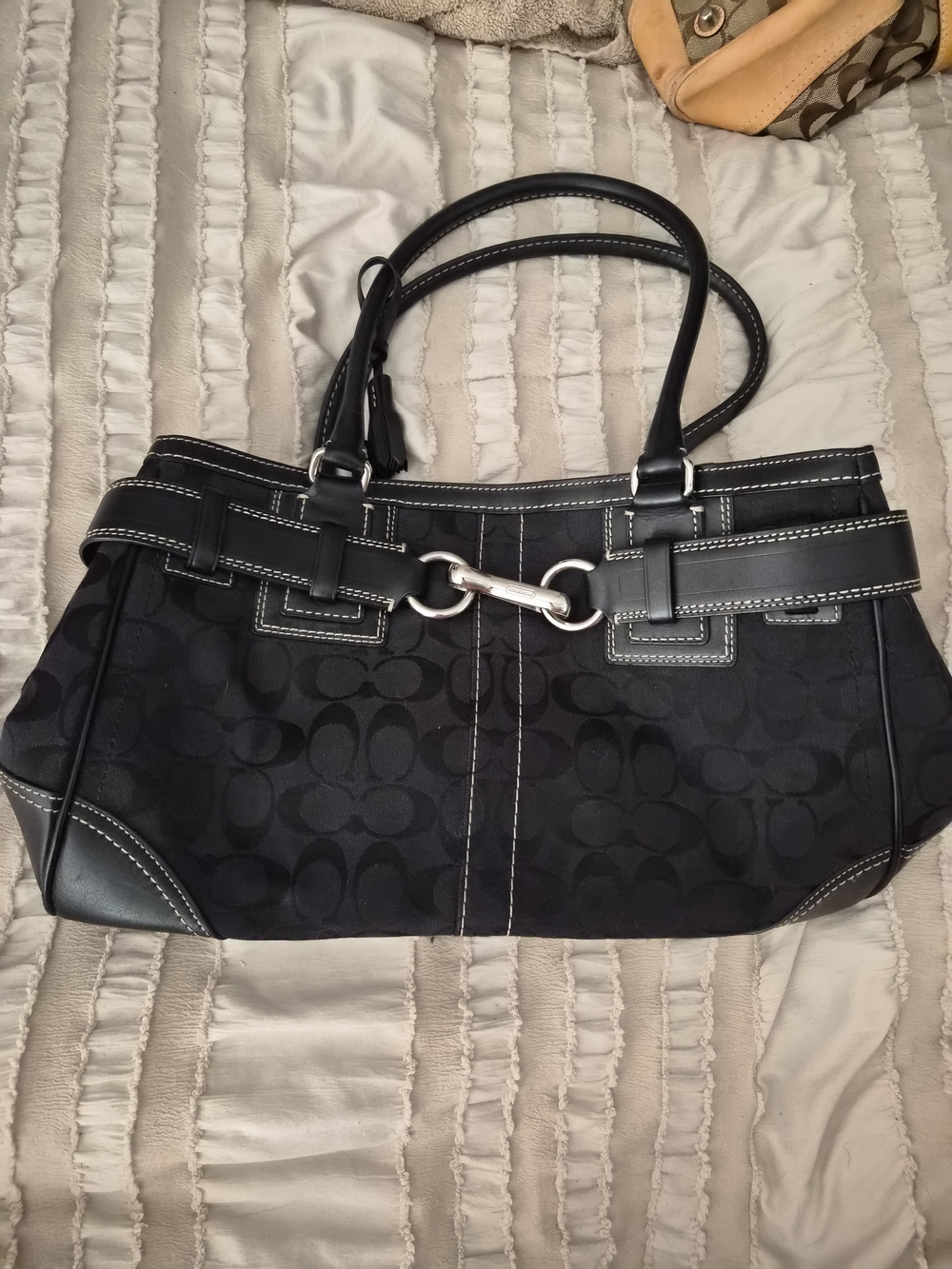 Black Signature Coach Handbag with Silver Hardware